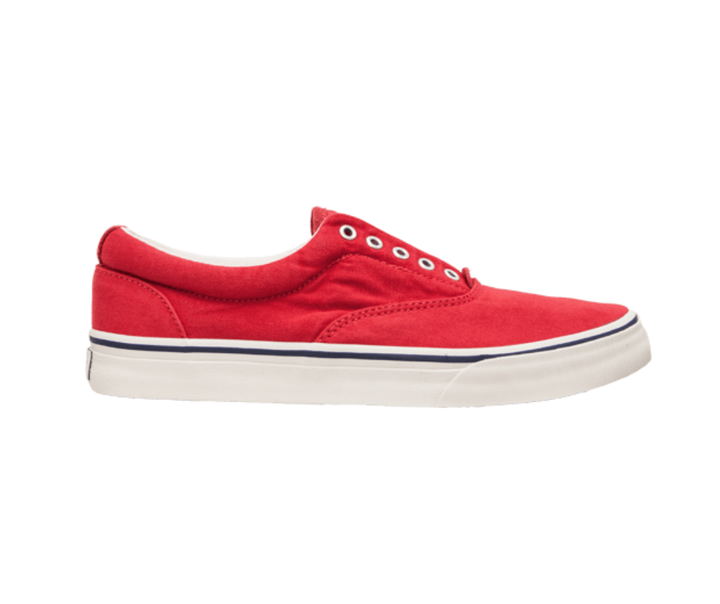 A red sneaker with a round toe, low-top design, and lace-up closure.