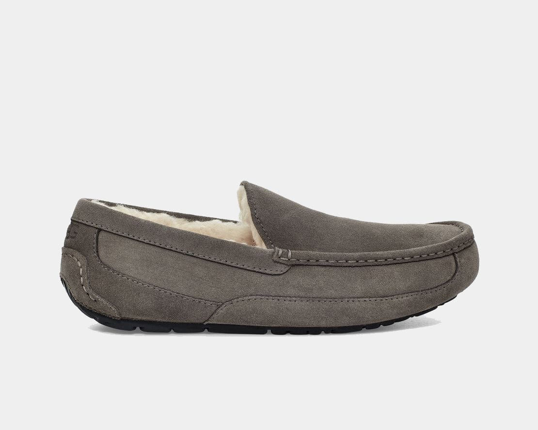 A UGG Ascot suede slipper in grey color with a rubber sole, featuring a sheepskin lining and a logo emboss.