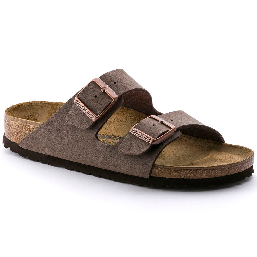 A pair of brown Birkenstock Arizona Birko-Flor Nubuck sandals with contoured cork-latex footbed and two adjustable straps with metal pin buckles.