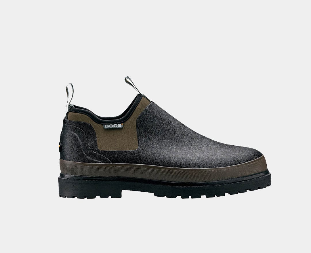 A pair of waterproof rubber slip-on work shoes in black and brown color.