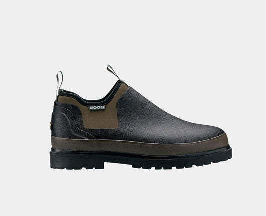 A pair of waterproof rubber slip-on work shoes in black and brown color.