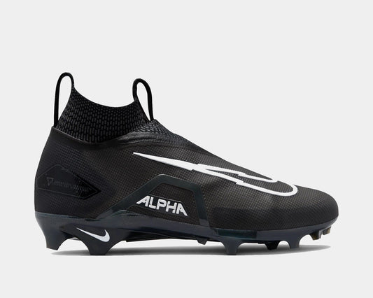 Nike Alpha Menace Elite 3 football cleats, predominantly black in color with white accents, featuring a high-top design and a pull tab on the collar.