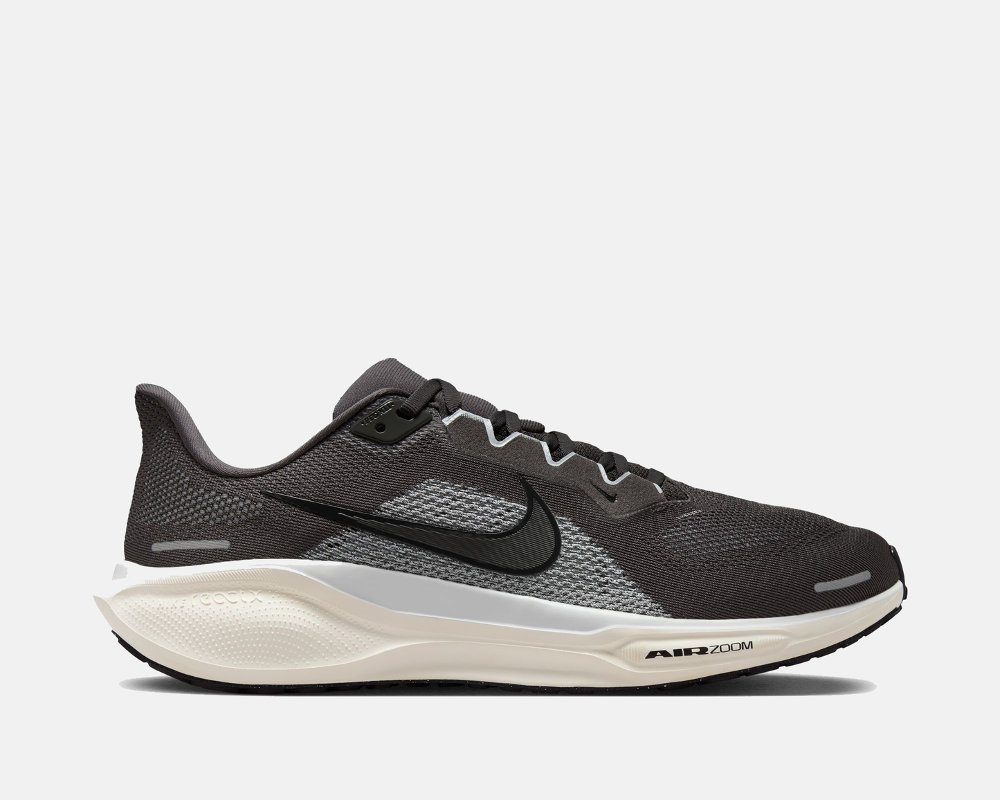 Black and gray running shoe with 'Air Zoom' on a white background