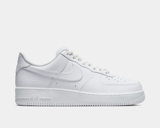A pair of white Nike Air Force 1 '07 sneakers with lace-up closure.