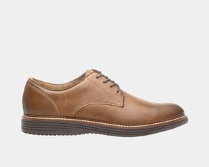 A brown, plain-toe Oxford shoe with a leather upper and a rubber sole.