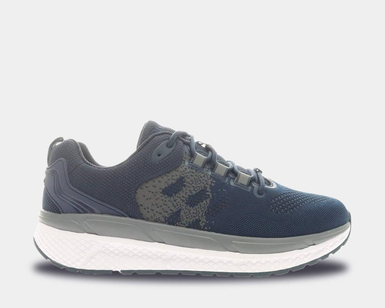 A navy and grey athletic shoe with a mesh upper, padded collar, and a rubber tread insert on the sole.