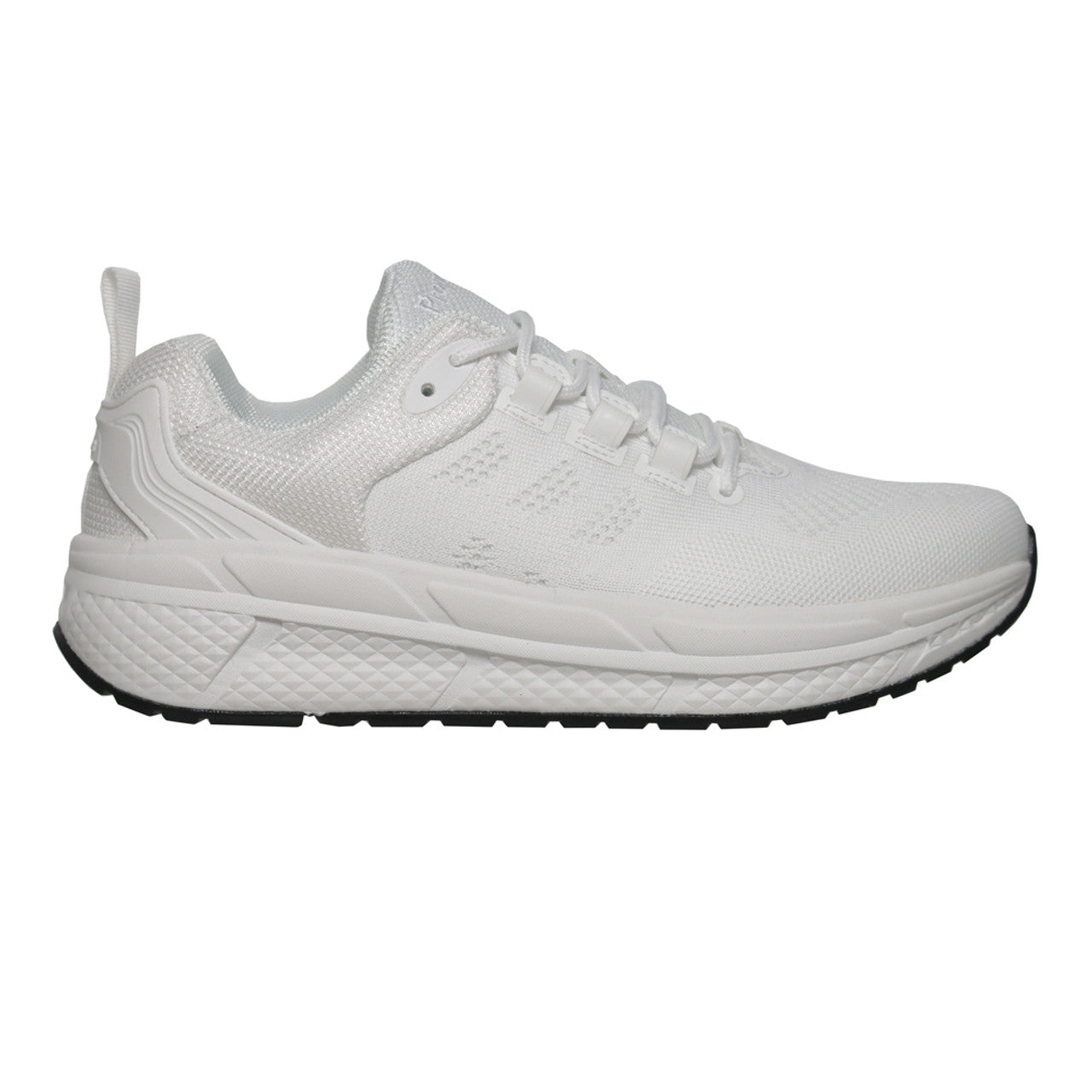 An all white athletic shoe with a mesh upper, padded collar, and a rubber tread insert on the sole.
