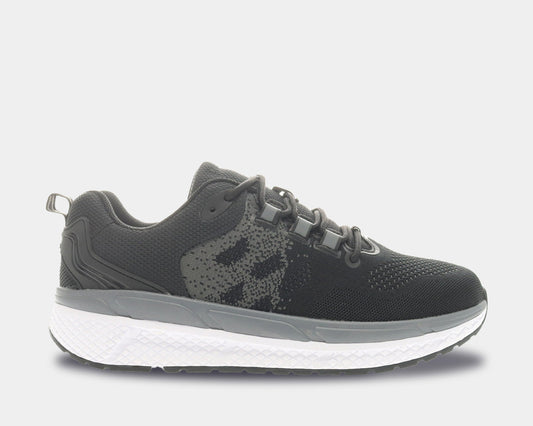 An athletic shoe featuring a two-tone mesh upper in black and grey, with a white midsole and black rubber tread.