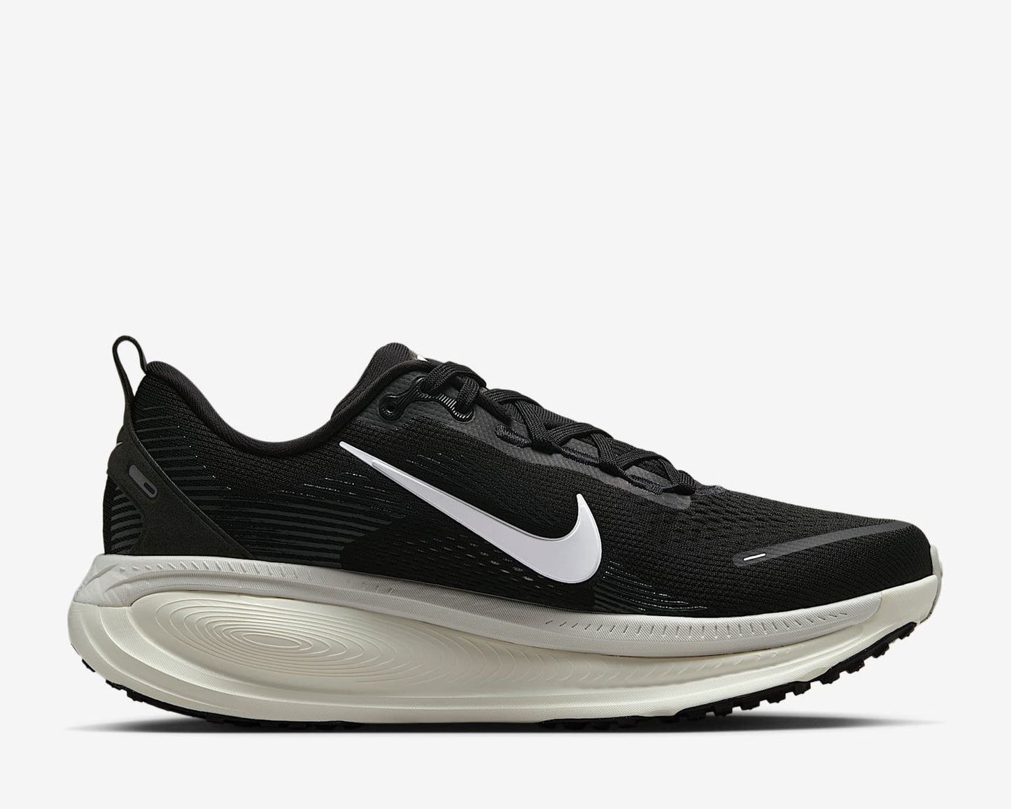 Black running shoe with white Nike logo on a white background