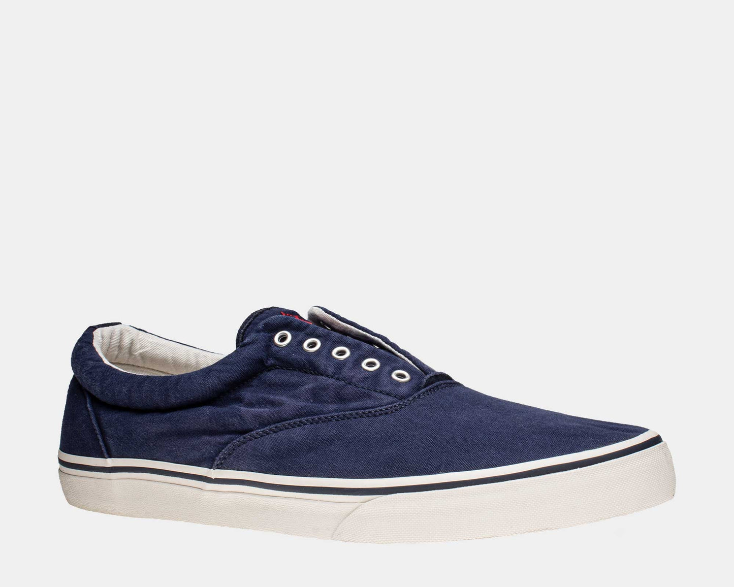 A navy sneaker with a round toe, low-top design, and lace-up closure.