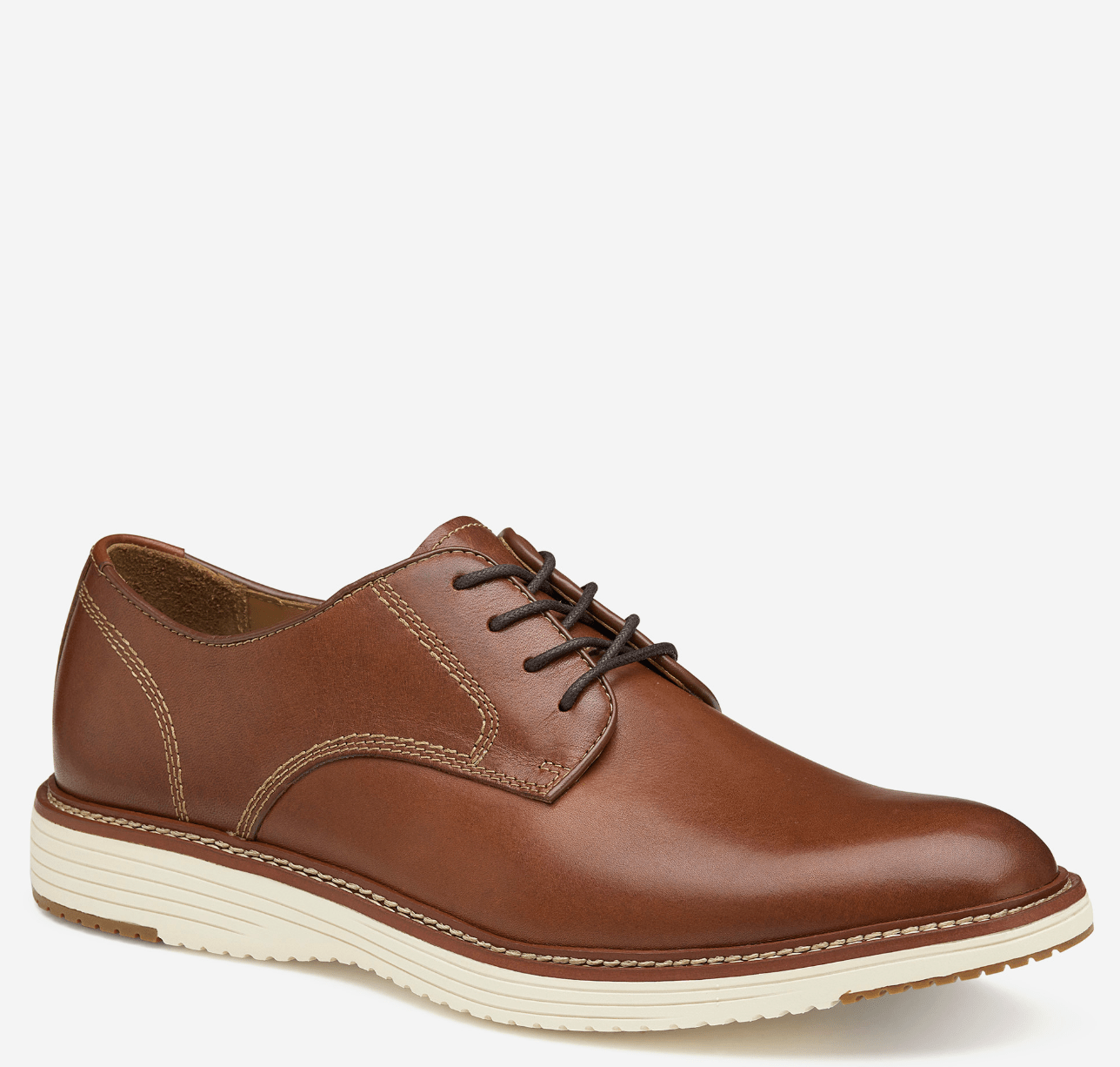 A tan, plain-toe Oxford shoe with a leather upper and a rubber sole.