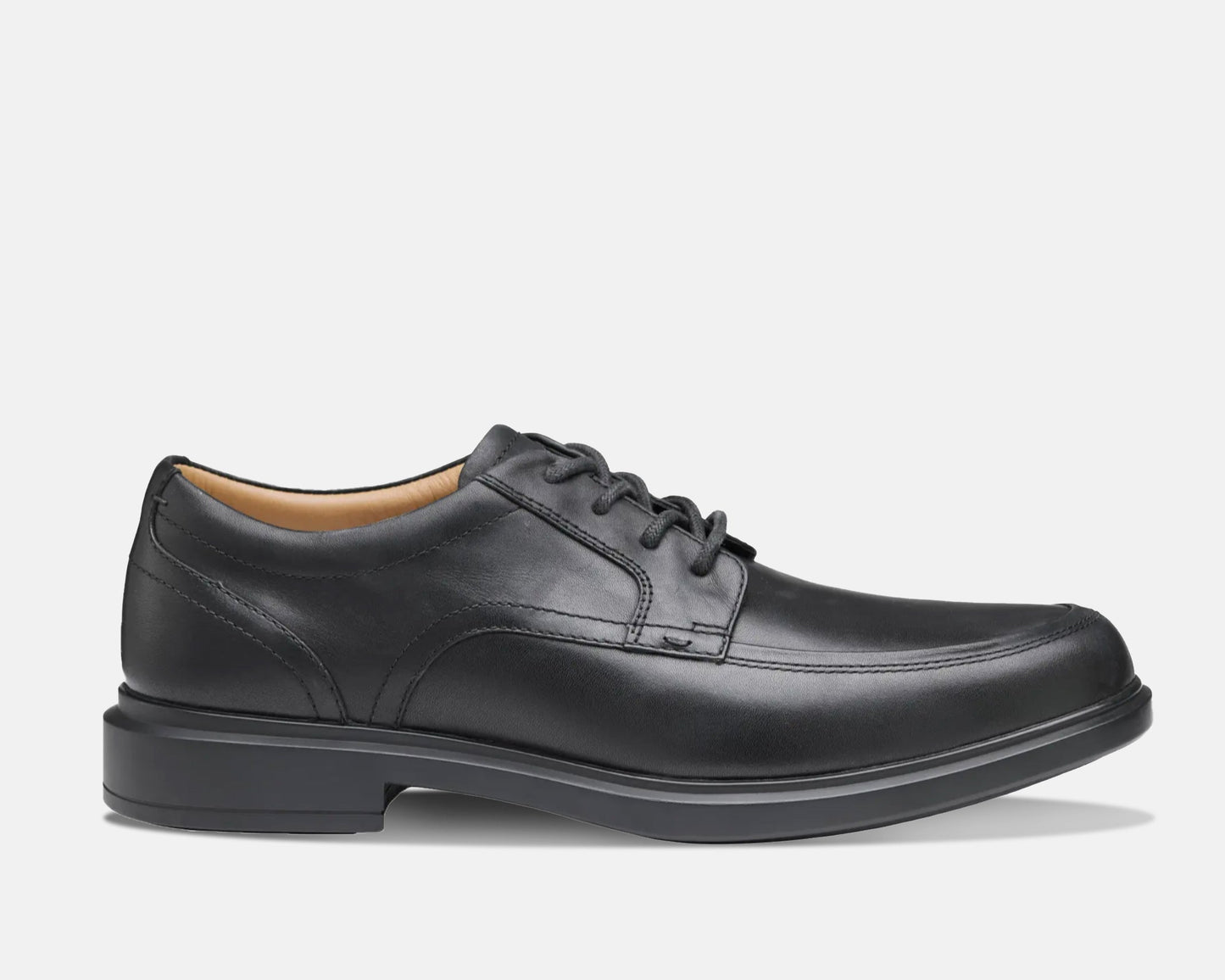 A black, waterproof, full grain leather upper shoe with a lace-up closure, featuring a seam-sealed construction and a durable rubber outsole.