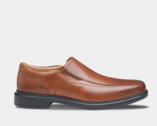 A brown, waterproof, run-off slip-on loafer with a highly-durable, slip-resistant rubber outsole.