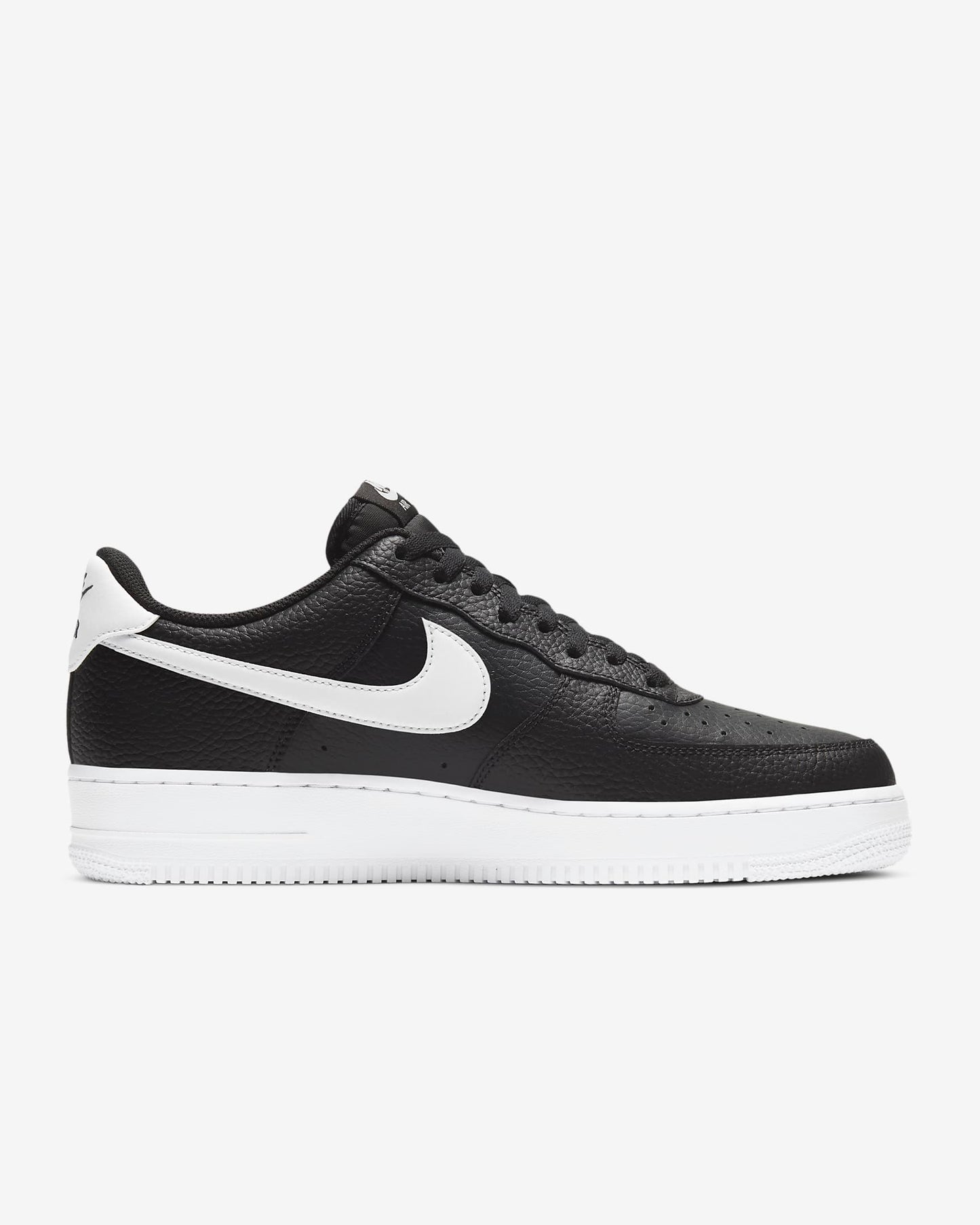 A pair of black Nike Air Force 1 '07 sneakers with a white swoosh and lace-up closure.