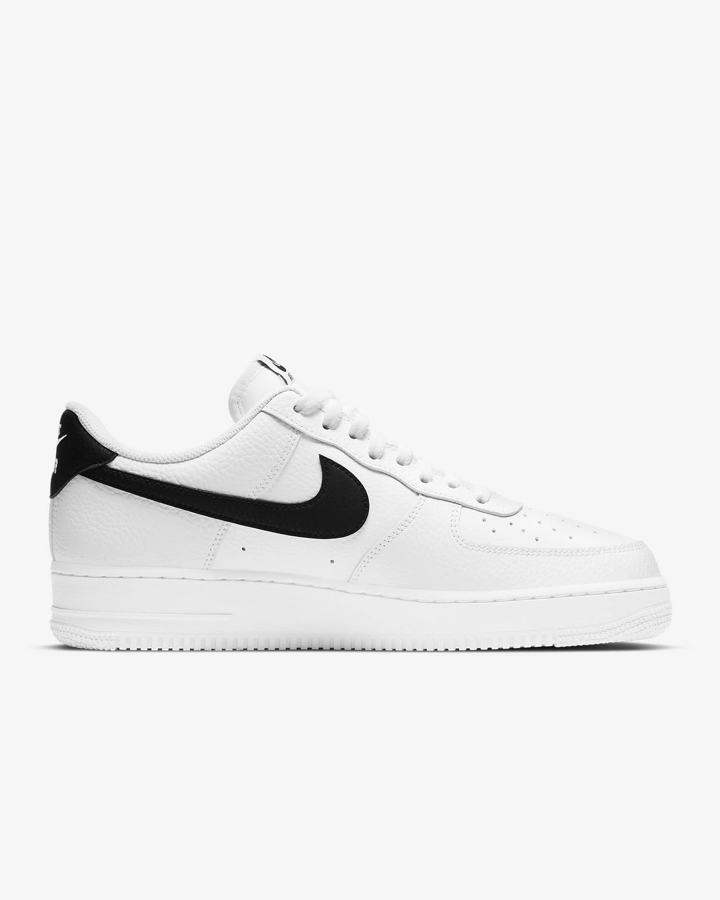 A pair of white Nike Air Force 1 '07 sneakers with a black swoosh and lace-up closure.