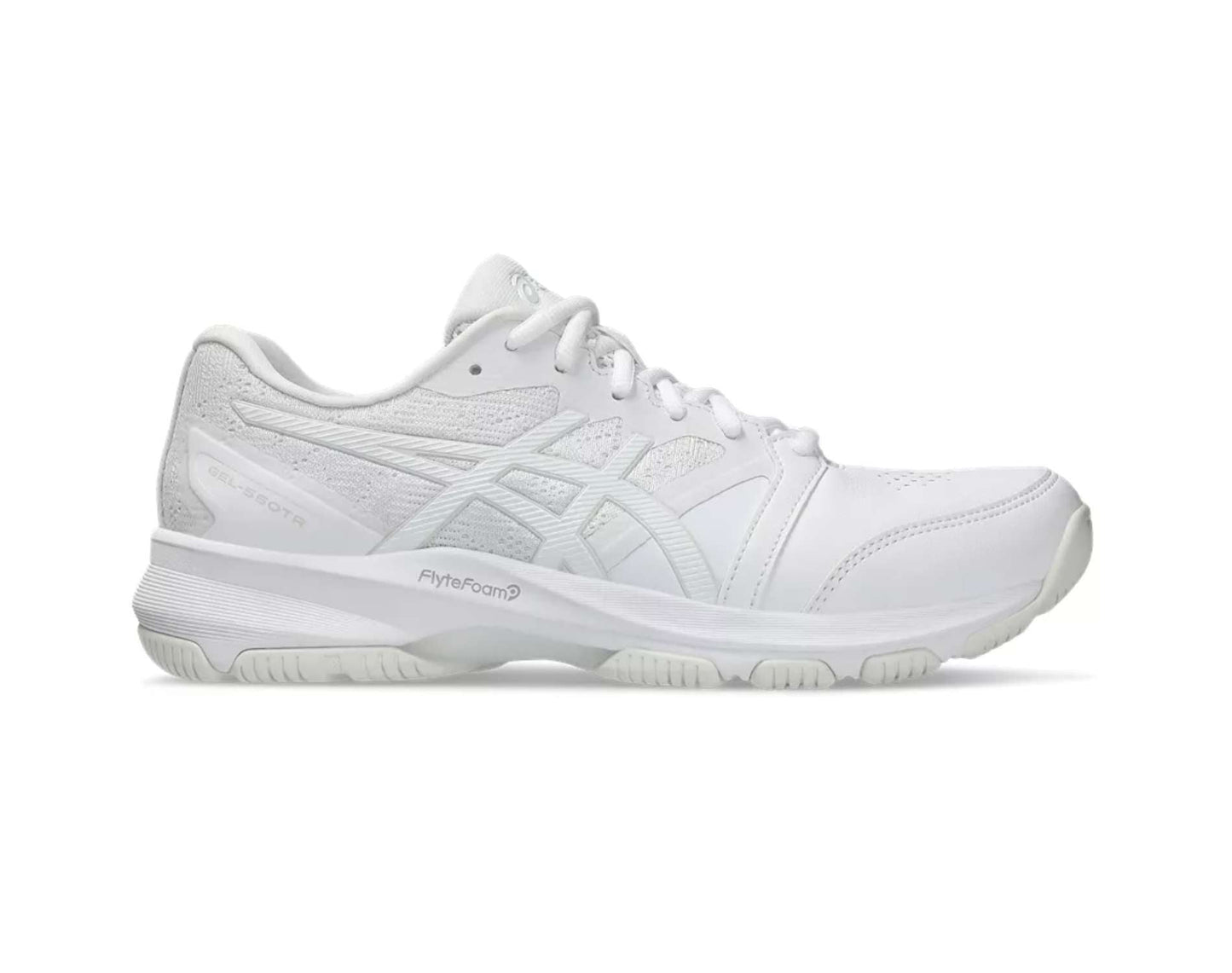 A pair of Asics GEL 550 TR Womens Wide training shoes for women, predominantly white in color with a mesh and leather upper, and a rubber outsole.