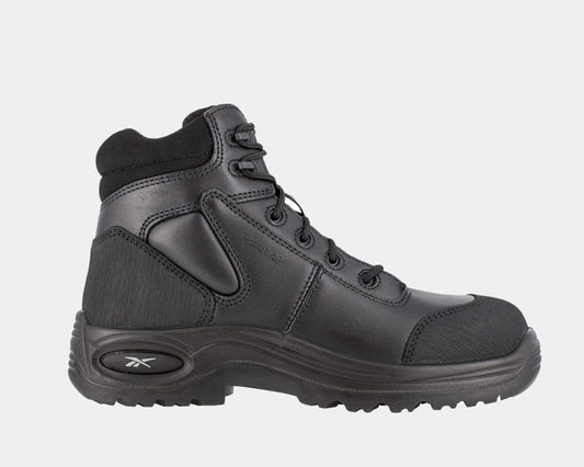 A black sport work boot with composite toe, leather upper, and rubber outsole.