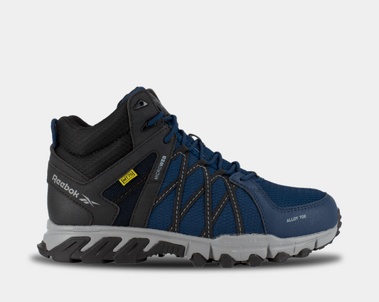 Athletic mid-cut work boots in navy and black colors, featuring a rugged rubber outsole and a lace-up closure.