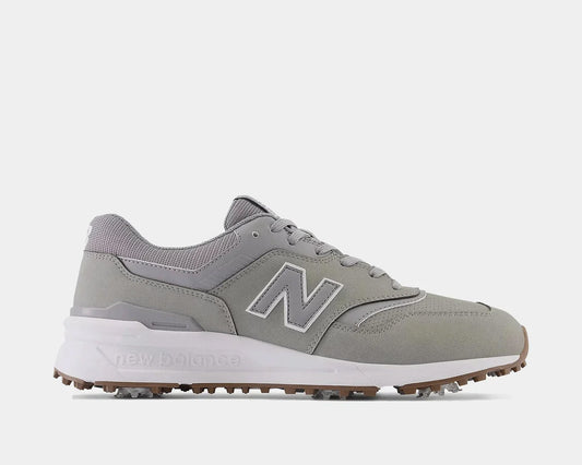 A pair of New Balance 997 golf shoes in gray and white with a waterproof microfiber leather upper and FastTwist 3.0 removable Pulsar cleats.