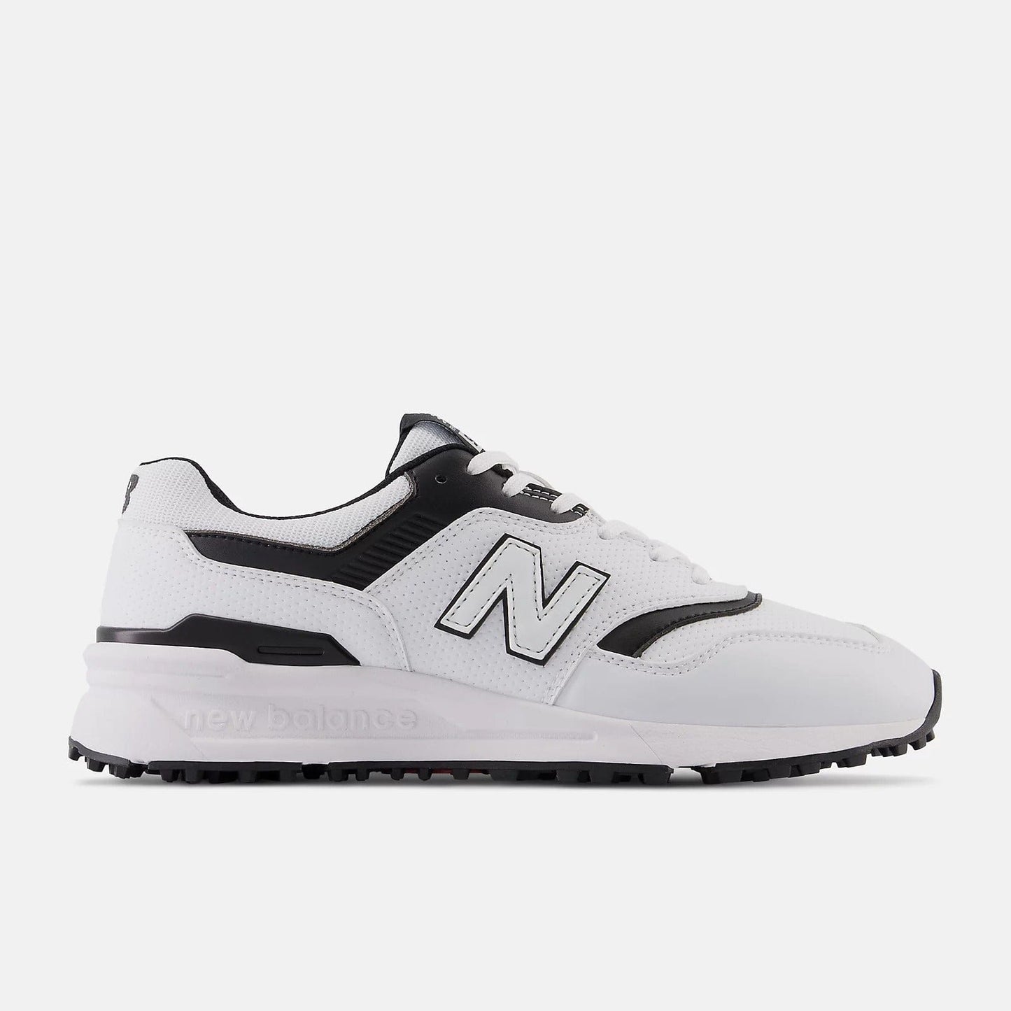 A pair of New Balance golf shoes with a waterproof microfiber leather upper, featuring black and white color accents and a spikeless rubber outsole.