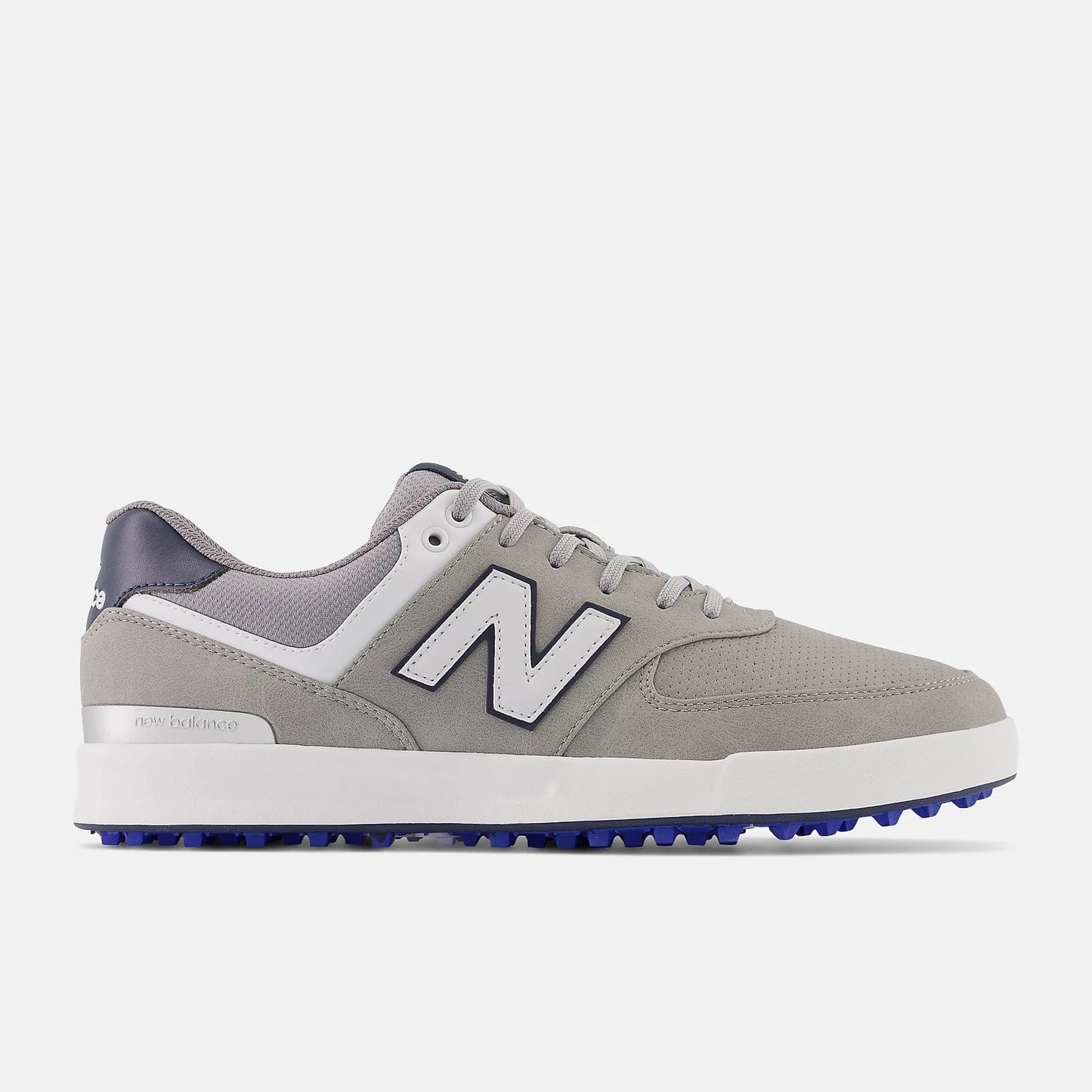 A pair of golf shoes with a waterproof microfiber leather and performance mesh upper, featuring a grey and white color scheme and white logo.