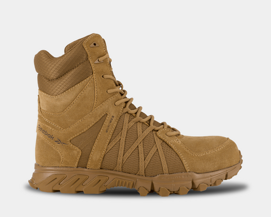 A pair of Tactical boots in coyote brown color with a lace-up closure, rubber lug pattern on the sole, and a side zipper.