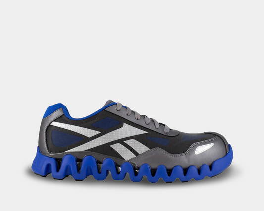 Athletic work shoes with a blue, gray, and black color scheme, featuring a unique zigzag pattern on the sole.