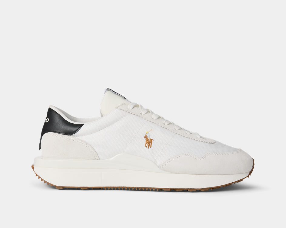 White sneaker with black accent.