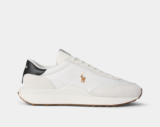 White sneaker with black accent.