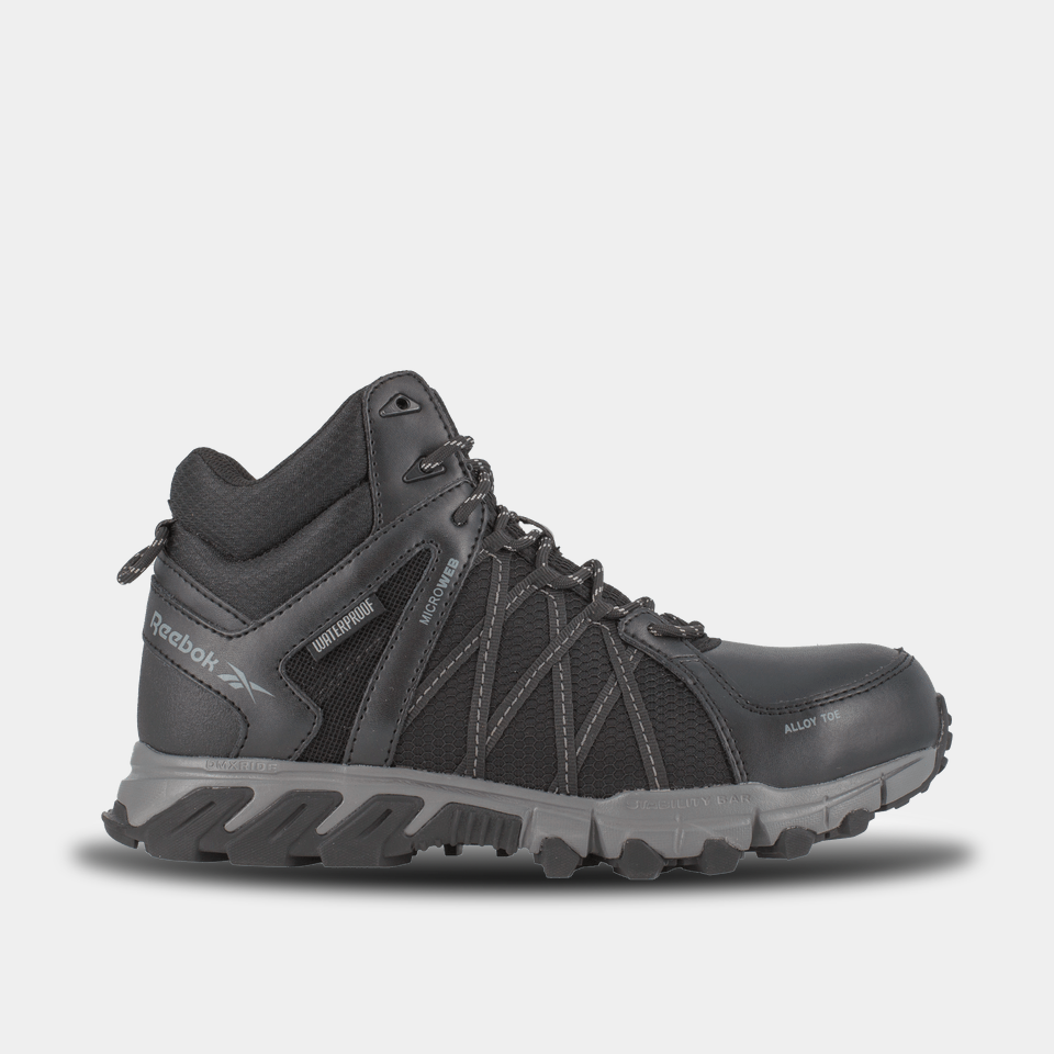 A black mid-cut Work boot with a lace-up closure and a rubber outsole designed for work safety and comfort.