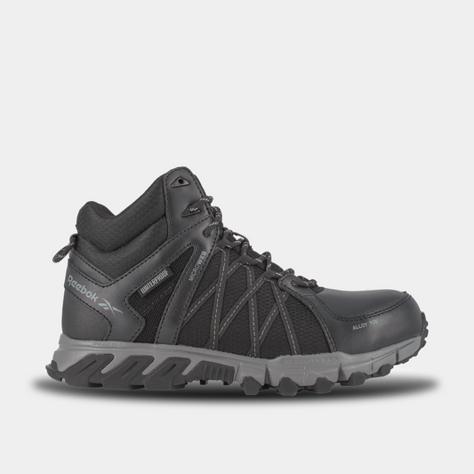 A black mid-cut Work boot with a lace-up closure and a rubber outsole designed for work safety and comfort.